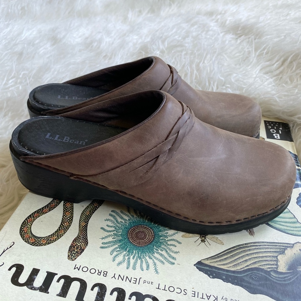 LL Bean brown leather open clog mules